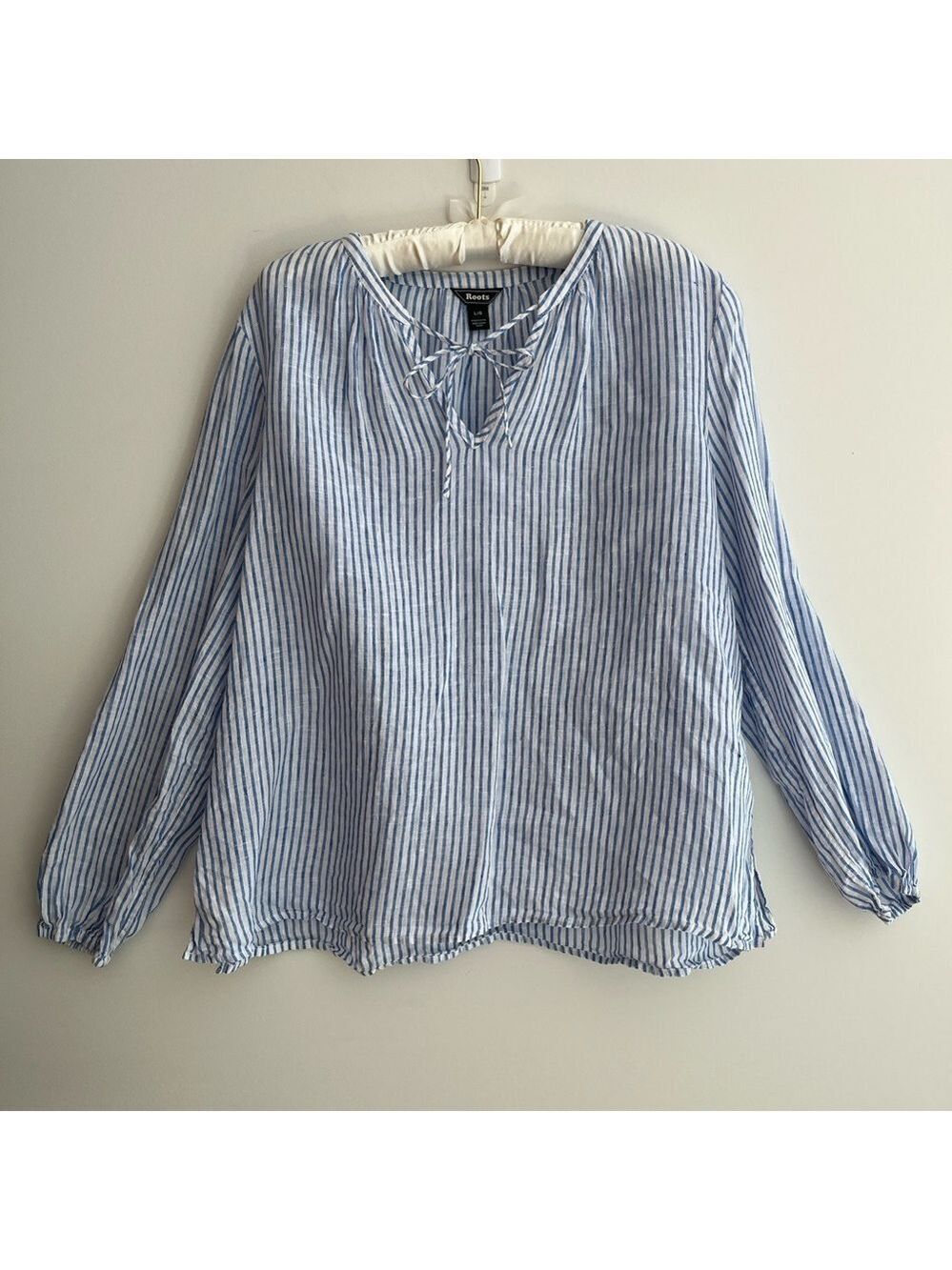 ROOTS 100% Linen Tie Neck Top Long Sleeve Relaxed Fit Blue White Stripe Coastal